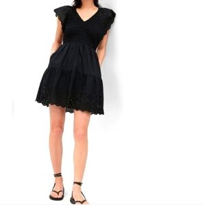 🛍 NWT GAP Flutter Sleeve Eyelet Mini Dress black smocked top size large petite